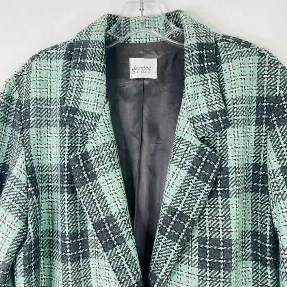 Vintage mint green grey plaid wool preppy button boyfriend blazer medium - Picture 2 of 6